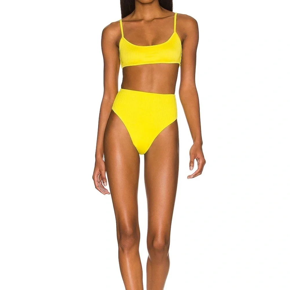 FRANKIES BIKINIS X Revolve Anne High Waisted Plisse Bikini Bottom In Pina Colada